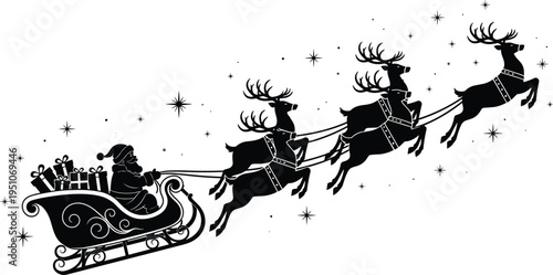 Santa Claus sleigh with reindeer silhouette, Christmas holiday festive icons, winter celebration artwork, magical gift delivery scene, flat vector illustration