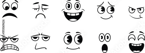 Black and white cartoon emoji faces set, expressive emotions collection, happy sad angry surprised cute vector illustration isolated design elements