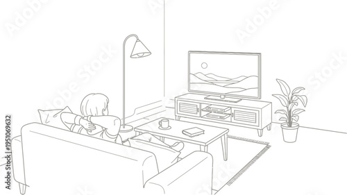 A comfortable back view illustration of a person relaxing on a sofa watching television in a cozy living room.