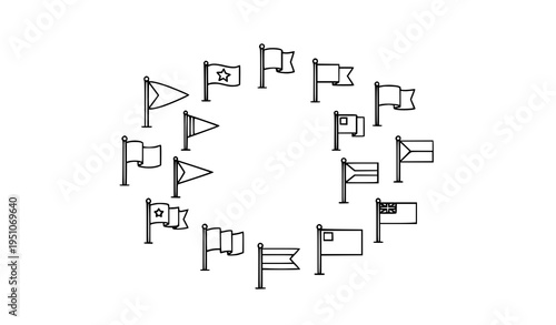 Hand drawn flag icon set with banners and waving flags in sketch style isolated on white background