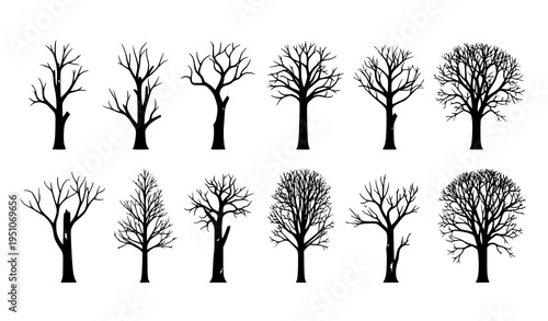 Dead trees silhouette set with dry branches in minimal flat style isolated on white background
