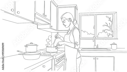 Graceful young woman in an apron diligently stirring a steaming pot on a modern kitchen stove, preparing a delicious meal with care.