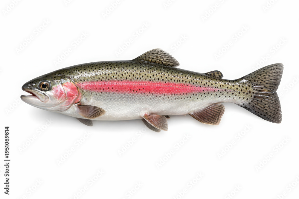 Obraz premium Freshly caught rainbow trout fish with iridescent scales and a distinctive pink stripe, isolated on a clean white background, perfect for culinary and fishing themes.