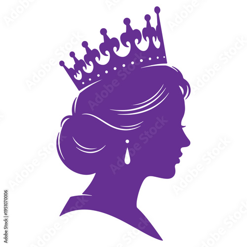 Elegant royal profile silhouette of a queen wearing an ornate crown and a teardrop earring isolated on a clean white background representing royalty and prestige
