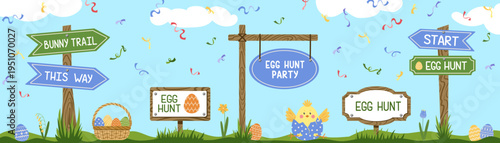 Spring meadow with hidden eggs and signs for Easter egg hunt. Easter festive banner. Holiday tradition game for children. Vector illustration