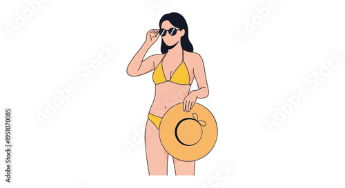 Vector illustration of woman in yellow bikini holding sun hat