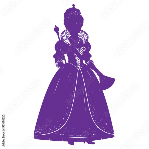 Elegant silhouette of a regal historical queen wearing a crown elaborate gown holding a scepter and fan representing royalty and power