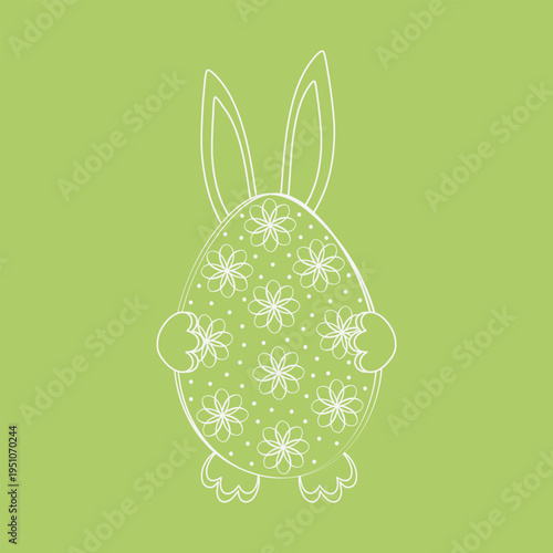 Bunny hiding behind Easter egg with abstract floral and polka dots pattern Minimalistic Flat Design. Vector illustration Sticker Icon or Easter Related Media content, greeting cards, leaflets, banner