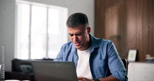 Man, laptop and stress with remote work from home with mistake, rejection or frustrated with job. Person, computer and freelance writer with computer, glitch or error with project review at apartment