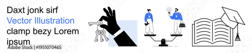 Access control, equality, legal rights, decision-making, education, learning. Key in hand, people on balanced scales open book. Access control and equality creatively