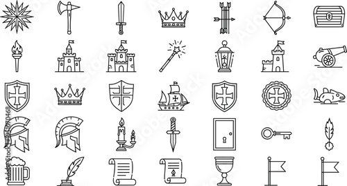 Medieval fantasy line icon set with swords crowns shields castles weapons scrolls and knights, historical kingdom symbols collection