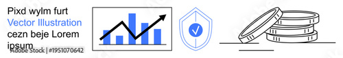 Business growth, financial planning, investment analysis, data protection, secure transactions, economic stability. Graph with arrow, shield with checkmark stack of coins. Business growth