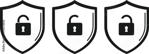 Security shield icons with locked and unlocked padlock cybersecurity protection data privacy safety system symbol set illustration