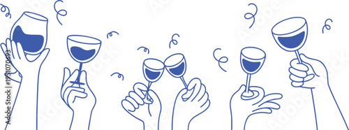 Celebration line art with hands holding wine glasses in playful style. Minimal blue outline illustration with splashes and sparkles. Perfect for party, toast, nightlife, and festive design themes.