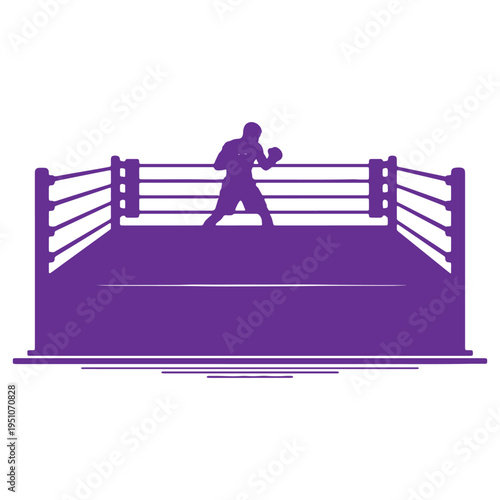 Graphic silhouette of a determined boxer standing in a purple boxing ring with ropes ready for a match symbolizing competition and combat sports