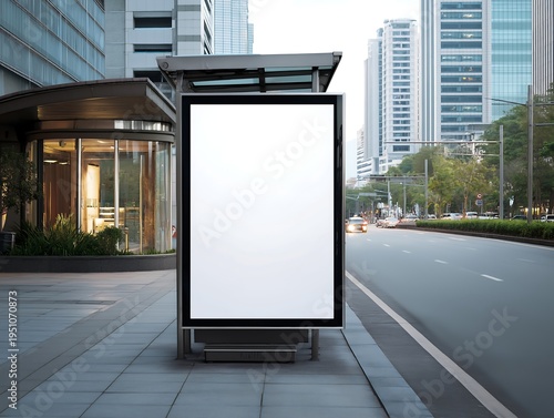 billboard on street corner blank white poster and advertiser ad space digital outdoor display lightbox mockup base empty display panel glass design soft streetscape shopping street