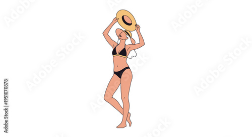 Vector illustration of a woman in bikini holding sun hat