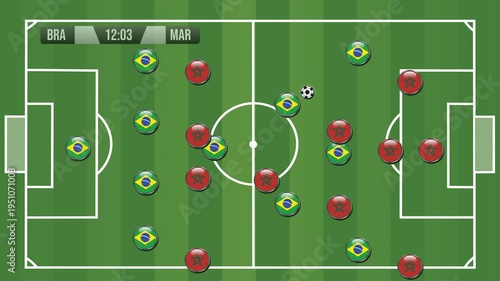 Video of soccer on a green field, featuring a goal celebration for Brazil against Morocco with a digital scoreboard and stylized Goal text.