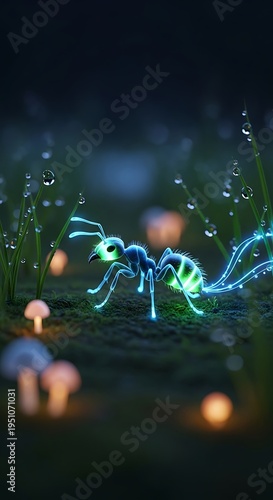 Bioluminescent insect walks across mossy ground surrounded by glowing fungi and dew drops