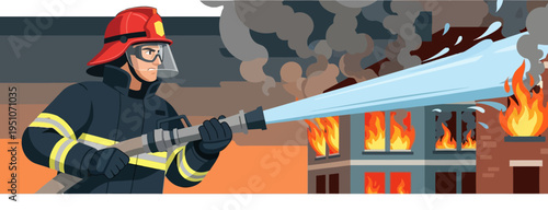 A brave fireman puts out a fire. He holds a fire hose and pours water on the fire