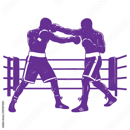 Intense purple silhouette illustration of two boxers engaged in a competitive fight inside a boxing ring with ropes and corner posts emphasizing their powerful movements and athletic stance