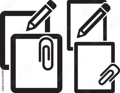 Two black silhouette icons depicting documents with pencils and paperclips, symbolizing notes, tasks, writing, and office work