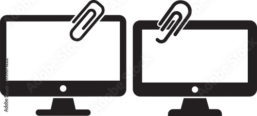 Two black silhouette icons of desktop computers with paperclips attached to their screens, symbolizing saved files, attachments, or digital organization