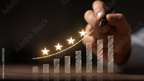 Hand drawing increasing business growth chart with five stars, copy space