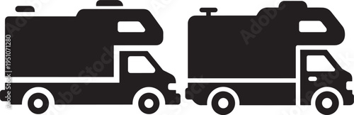 Recreational vehicle icons, motorhome and camper van symbols for travel and road trip concept, Mobile Home, House On Wheels, Flat Design