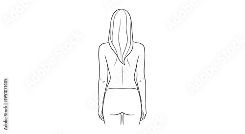 Back View of Woman with Long Hair, Minimalist Line Art Sketch