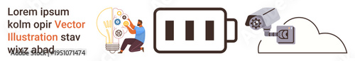 Innovation, technology, energy solutions, surveillance, cloud computing, data security. A person analyzing ideas, a battery icon a camera and a cloud. Innovation and technology concept