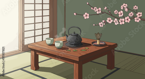 Traditional Japanese interior with tea set and cherry blossoms