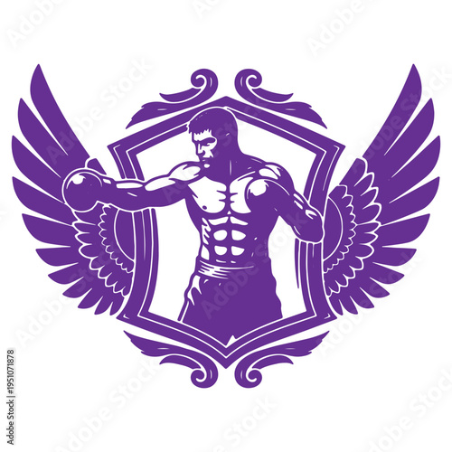 Powerful purple crest emblem featuring a muscular boxer throwing a punch within a shield outline surrounded by decorative wings symbolizing strength and victory in combat sports