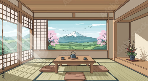 Traditional Japanese room with tatami mat and mountain view