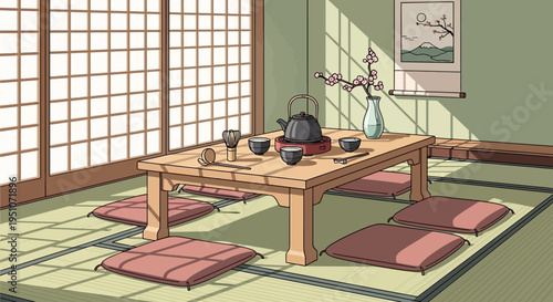 Traditional Japanese dining room with tatami mats and low wooden table