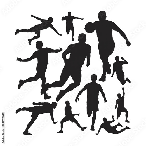 Basketball player silhouettes collection, athletes dribbling running jumping dynamic action sports set vector illustration isolated