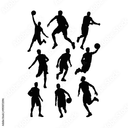 Basketball player silhouettes set, athletes dribbling jumping shooting dynamic action sports collection vector illustration isolated