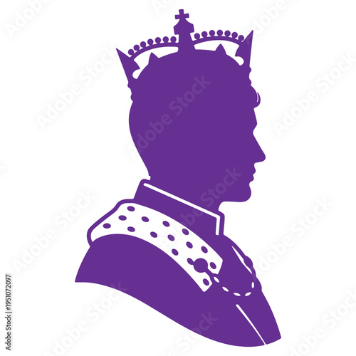 Profile silhouette of a regal king wearing a jeweled crown and ornate erminetrimmed mantle symbolizing power and monarchy in a stylized artistic representation