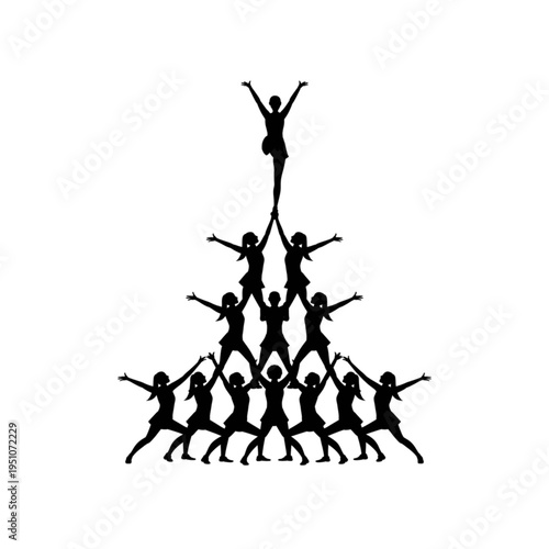 Cheerleading team pyramid formation, group of female cheerleaders performing stunt balance dynamic sport silhouette vector illustration