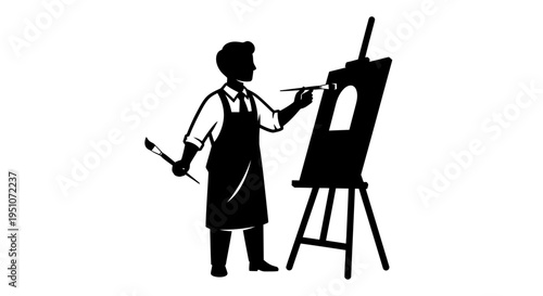 Vector silhouette of artist painting on easel