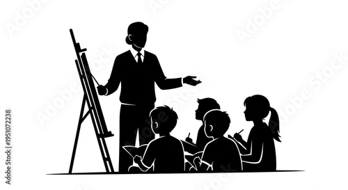 Vector illustration of business team meeting with presenter at whiteboard