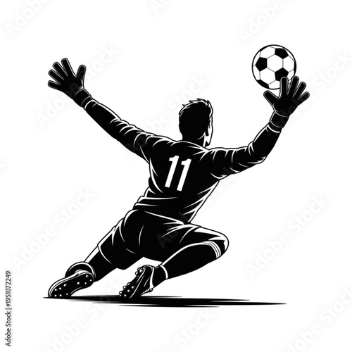 Soccer goalkeeper diving save, football player catching ball dynamic action sports silhouette vector illustration isolated