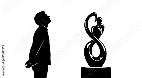 Vector silhouette of man looking at abstract sculpture