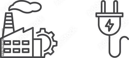 Industrial factory vector icon, manufacturing plant with gear and electric power plug for energy