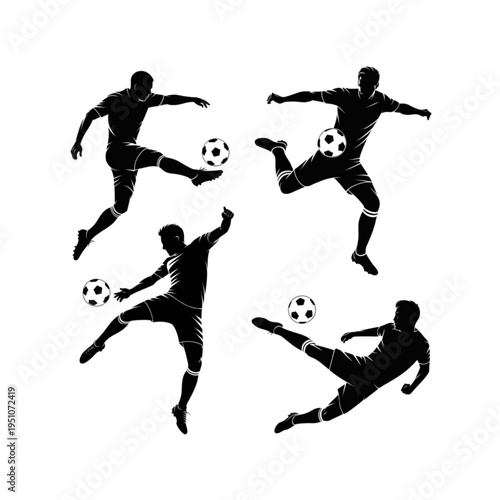 Soccer player silhouette collection set with dynamic action kicking poses, professional athletic football vector illustration isolated