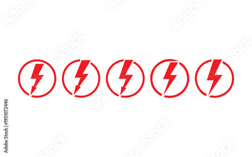 Five red lightning bolt icons enclosed in circles signify maximum energy level rating on a white background.