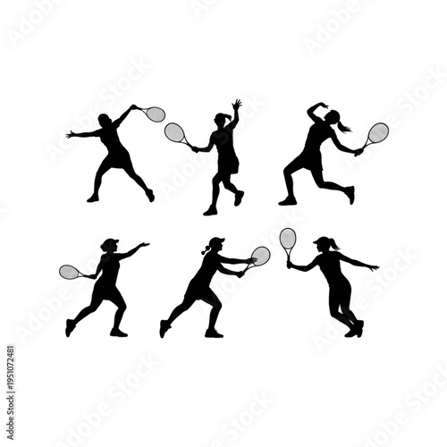 Female tennis player silhouette collection set with various action poses, athletic sports girl black vector illustration