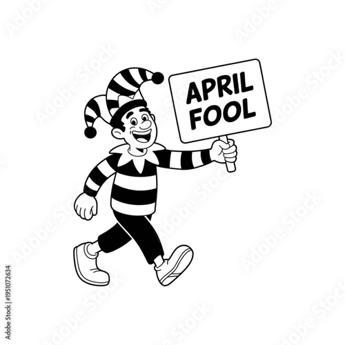 Happy jester character holding April Fool sign, funny clown prankster holiday celebration retro black vector illustration