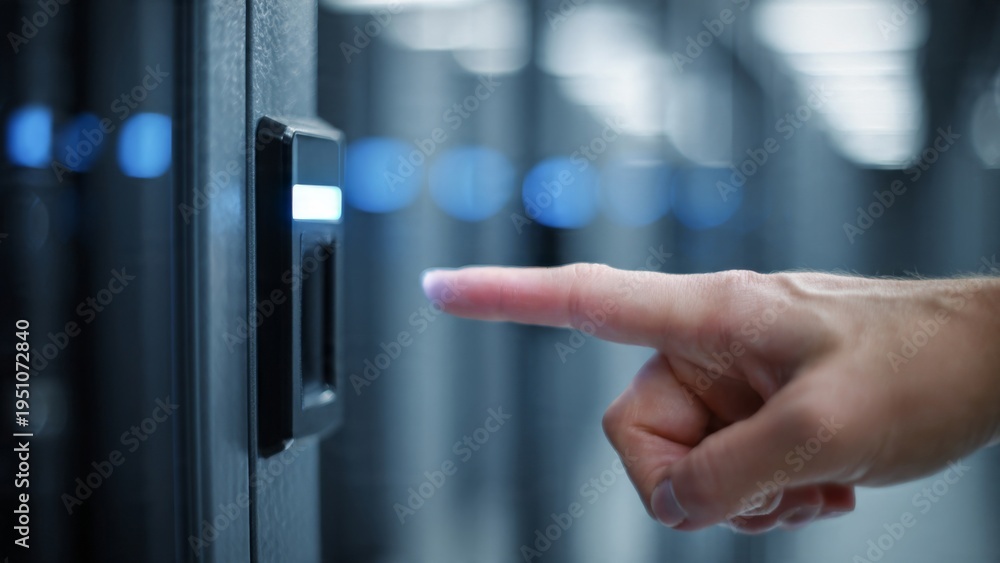 Obraz premium Biometric Fingerprint Scanner Access in Modern Data Center