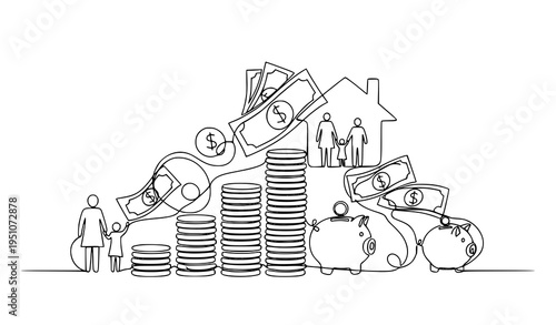 A minimalist line art illustration of a family saving money for a house